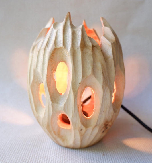 Wooden Lamp Vintage Wooden Egg Lamp, made in Thailand, Desk Light, Table lamp, white Wooden Shade,